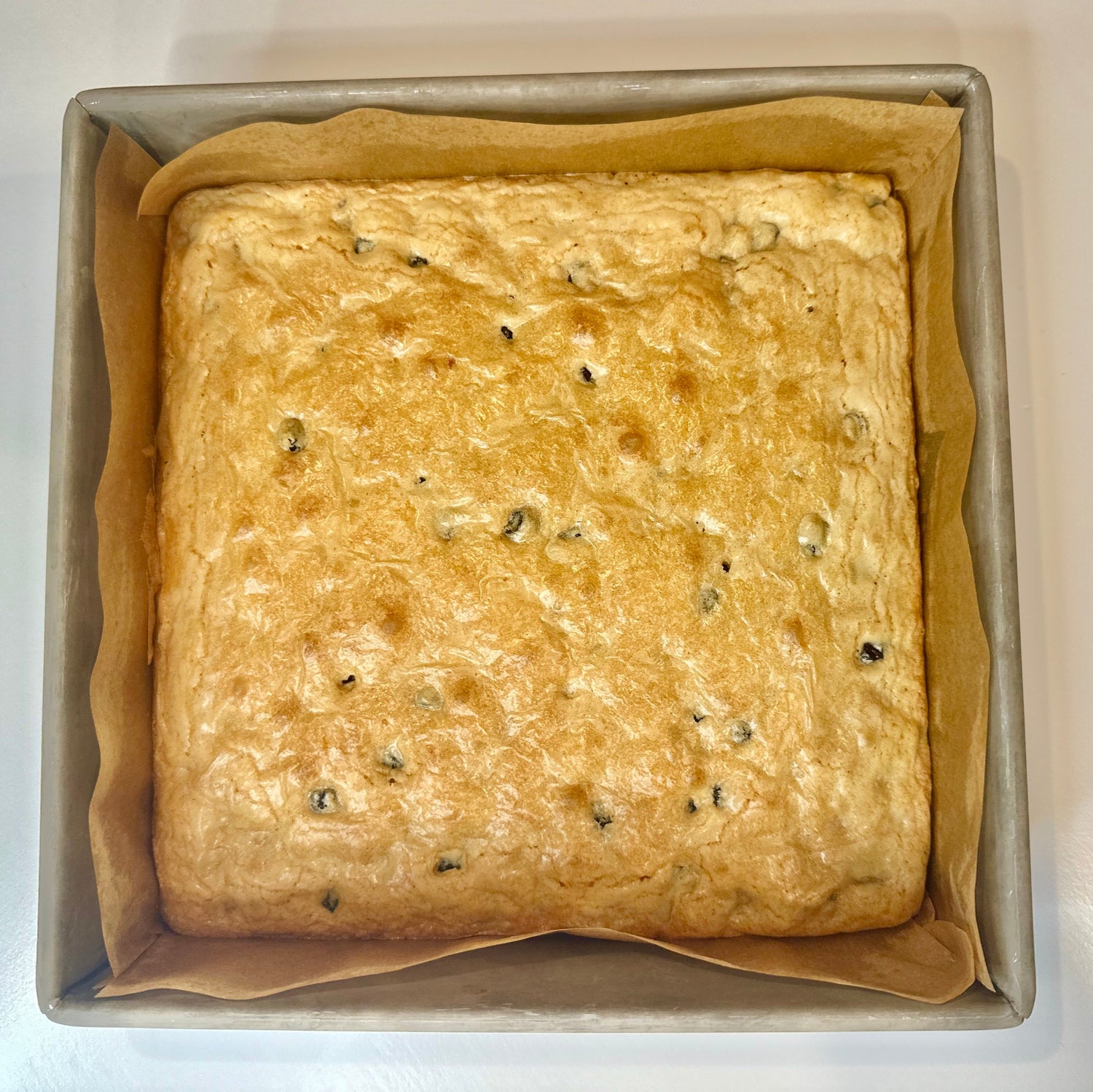 Blondies in a square baking pan with parchment paper on a white background