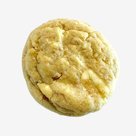 Cookie with white chocolate chips on a white background