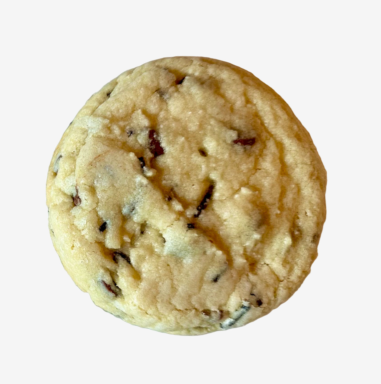 Round cookie with visible chocolate chips on a white surface